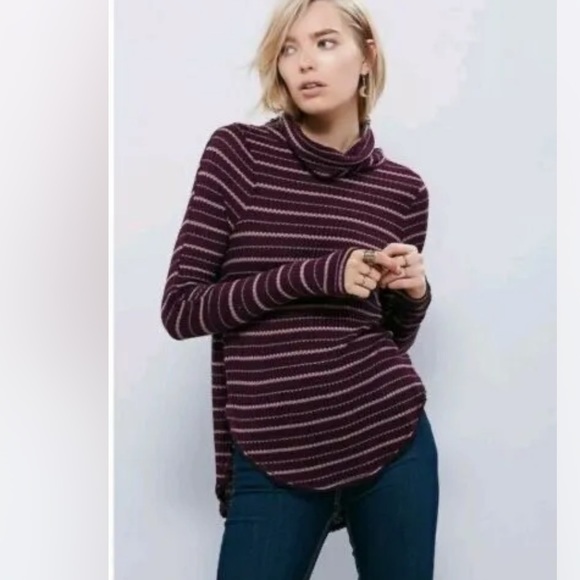We The Free Sweaters - We the Free Plum Kristina Drippy Waffle Cowl Striped Knit Sweater Top Sz S